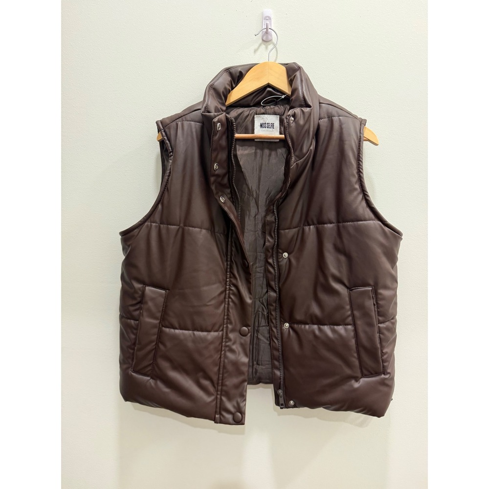 Miss Selfie Women's L Brown Faux Leather Puffer Vest Y2K Streetwear - Picture 3 of 4